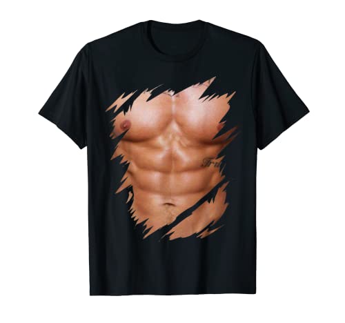 Músculos falsos para hombre rasgados pecho desgarrado paquete de seis abdominales Camiseta
