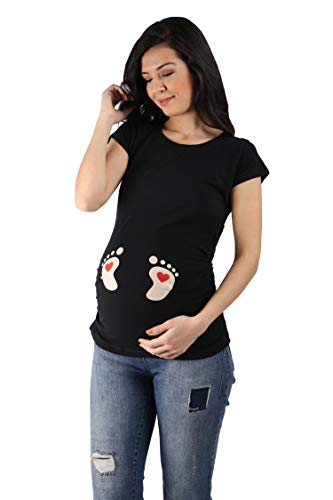 Camiseta de premamá con diseño de huellas de bebé con corazón - Divertida camiseta de maternidad de manga corta, Negro , S