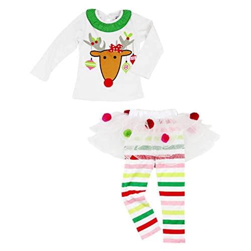 Conjunto de Navidad para Bebé Niña 2 Piezas Traje de Ropa Navideña para Chicas Pequeñas Top Camiseta de Manga Larga con Estampado de Reno Pantalones Leggings con Falda de Tul (Blanco, 0-1 Año)