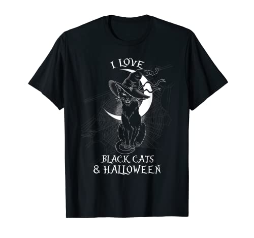Gato negro aterrador con luna de sombrero de bruja Halloween Camiseta
