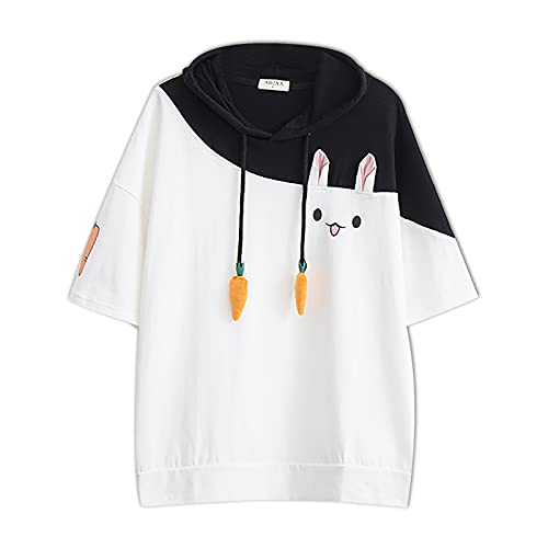 flowereyes Camiseta Kawaii para niñas Sudadera de Manga Corta Estilo Escolar japonés Jersey con Estampado de Conejo de Dibujos Animados con cordón de Zanahoria