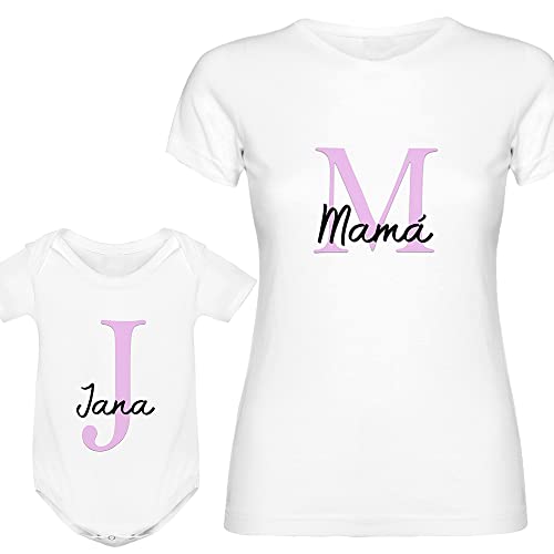 Regalo Día de la Madre | Camiseta Mujer personalizada + Body o camiseta hijo/a | Inicial con Nombre Personalizado de color Rosa | Mamá | Infantil | Bebe |
