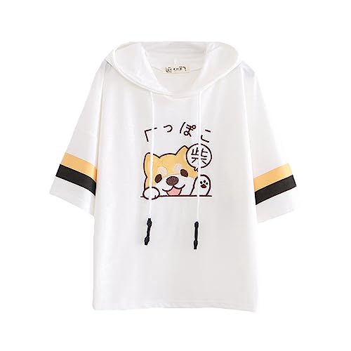 Camisetas Kawaii para mujer, lindas camisetas bordadas, con capucha, camisetas de manga corta, blusa, blanco, talla única