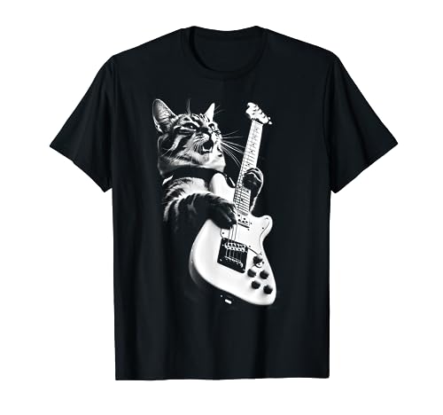 Gato de rock tocando guitarra divertida gato Camiseta