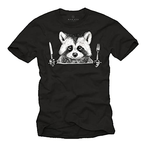 MAKAYA Camiseta con Mensaje Divertida - T-Shirt con Dibujo Graciosa Animal Mapache Hombre Nino Negro S