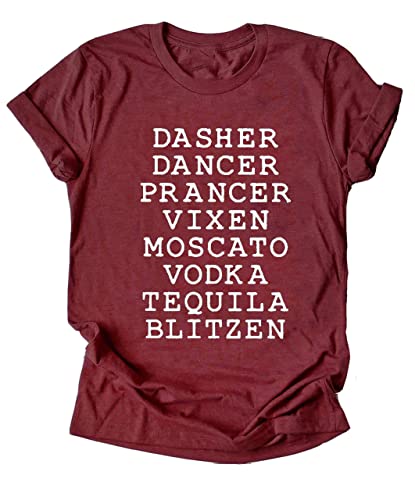 Ykomow Camisetas de renos con alcohol para mujer, diseño de bailarín con zorra, moscato, vodka, tequila, Blitzen, diseño gráfico de Navidad, rojo vino, M