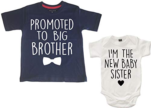 Edward Sinclair Conjunto de camiseta y body para bebé con texto en inglés 'Promoted to Big Brother' y 'I'm The New Baby Sister'