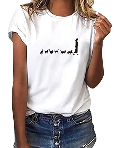 heekpek Camiseta Manga Corta Mujer Blanca Basicas T-Shirt Mujer Algodon Casual Cuello Redondo Camiseta de Verano con Estampado, Gato, M