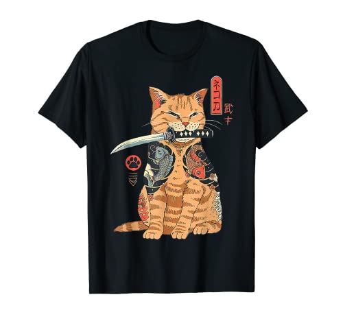 Cat Samurai Camisa Samurai Japonés Samurai Ninja Cat Kawaii Tatuaje Camiseta