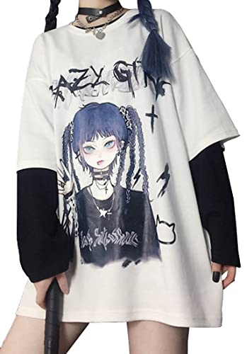 YINGKE Mujer Anime Manga Camiseta de Manga Corta Gótica Chica Y2K E-Girl Harajuku Ropa Japonesa Kawaii Verano T-Shirt (S, Blanco Niña)