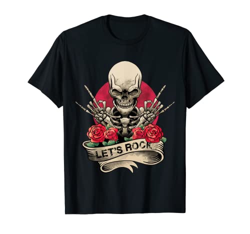 Lets Rock Rock & Roll Esqueleto Mano Vintage Retro Rock Concierto Camiseta