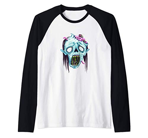 Disfraz de Halloween rosa con cabeza de niña zombie de Camiseta Manga Raglan