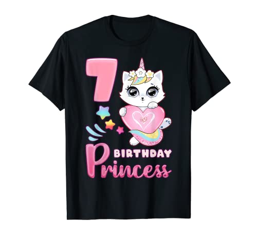 Niña, 7º cumpleaños, gato unicornio, número 7 Camiseta